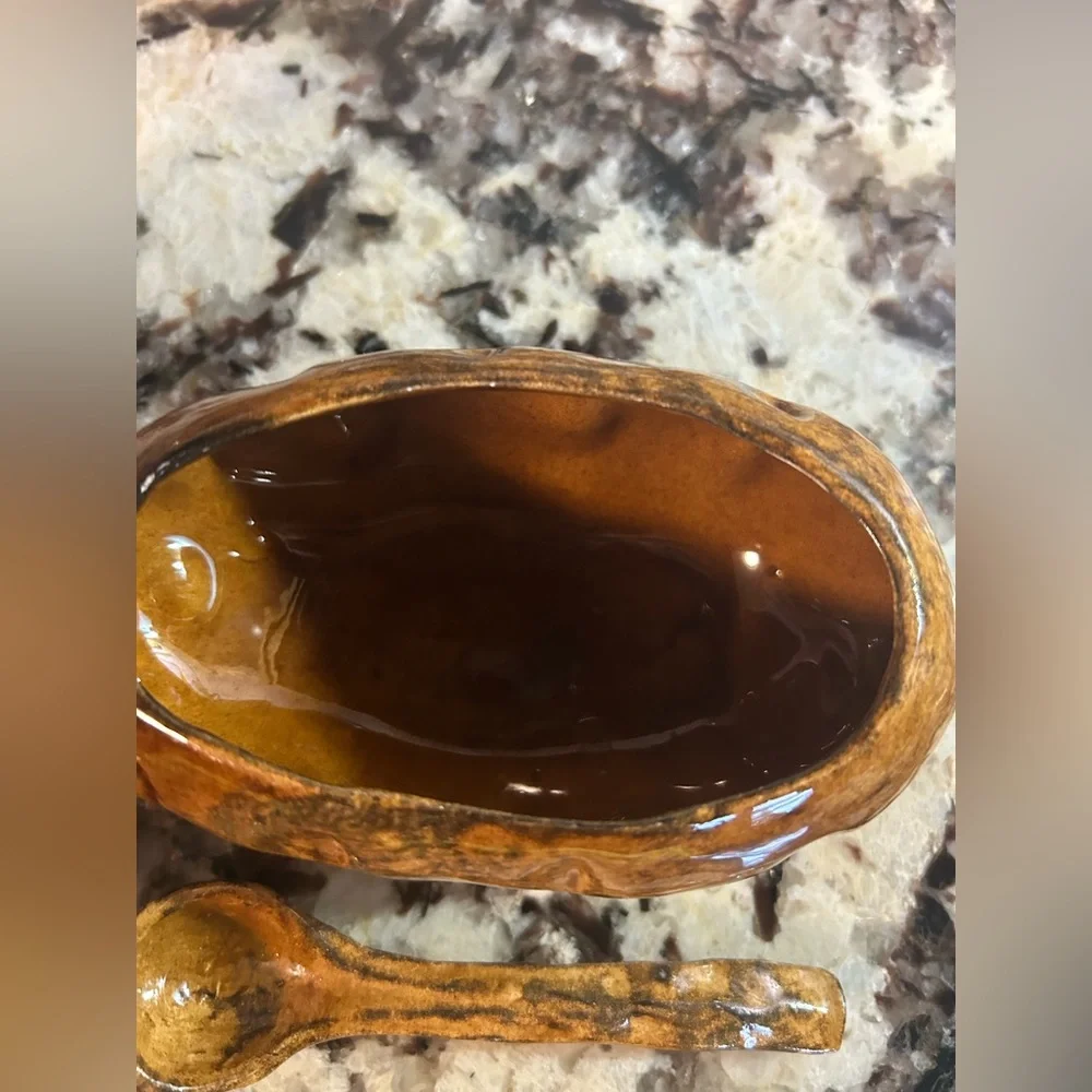 Hand made saucer and spoon pottery Brown Minimalist MC Signed